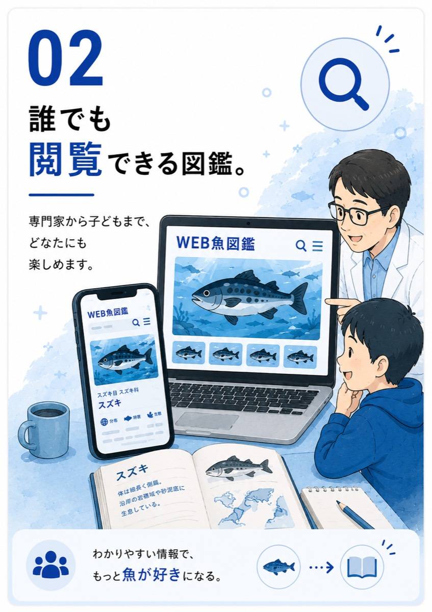 誰でも閲覧できる図鑑。専門家から子どもまで、どなたにも楽しめるように改善を続けています。わかりやすい情報で、もっと魚が好きになる。